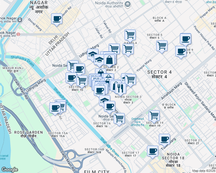 map of restaurants, bars, coffee shops, grocery stores, and more near in Noida