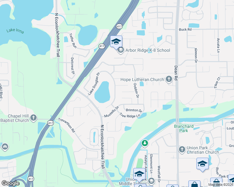 map of restaurants, bars, coffee shops, grocery stores, and more near 9552 Lake Douglas Place in Orlando