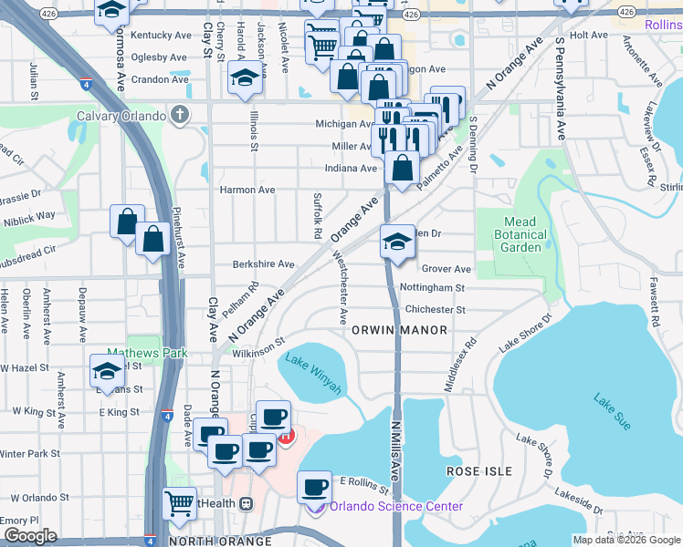 map of restaurants, bars, coffee shops, grocery stores, and more near 1345 Westchester Avenue in Winter Park