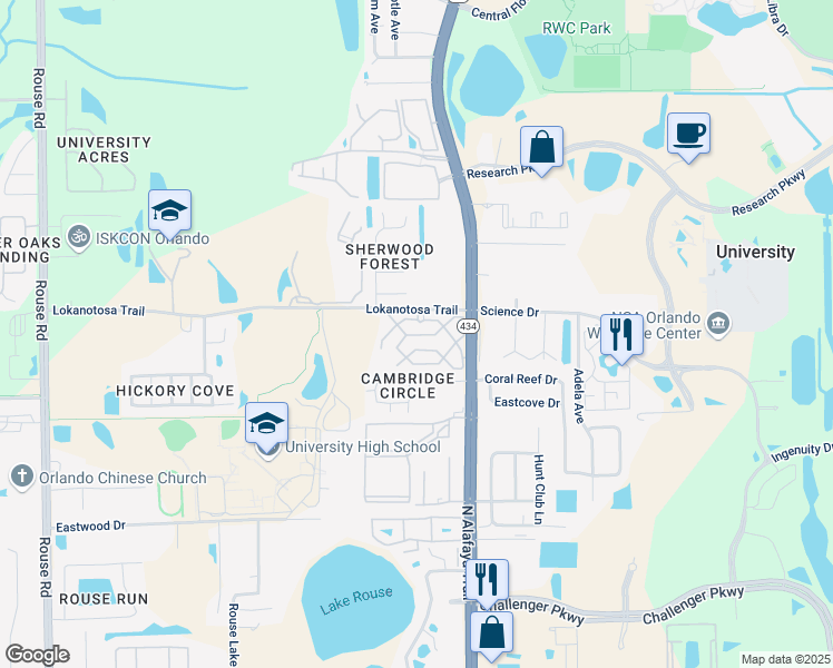map of restaurants, bars, coffee shops, grocery stores, and more near 12024 Royal Wulff Lane in Orlando