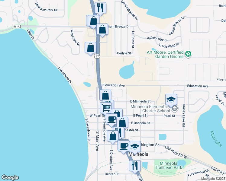 map of restaurants, bars, coffee shops, grocery stores, and more near 217 Ridge Crest Loop in Minneola