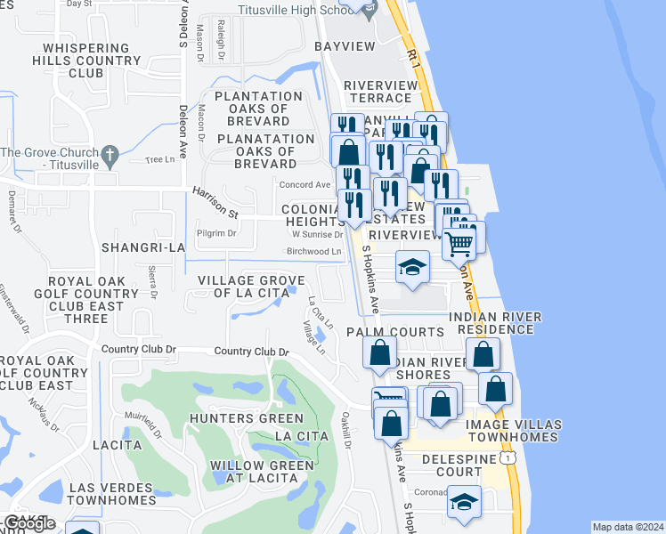 map of restaurants, bars, coffee shops, grocery stores, and more near 2956 Sir Hamilton Circle in Titusville