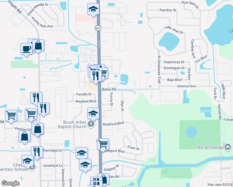 map of restaurants, bars, coffee shops, grocery stores, and more near 2914 Glyn Street in Orlando