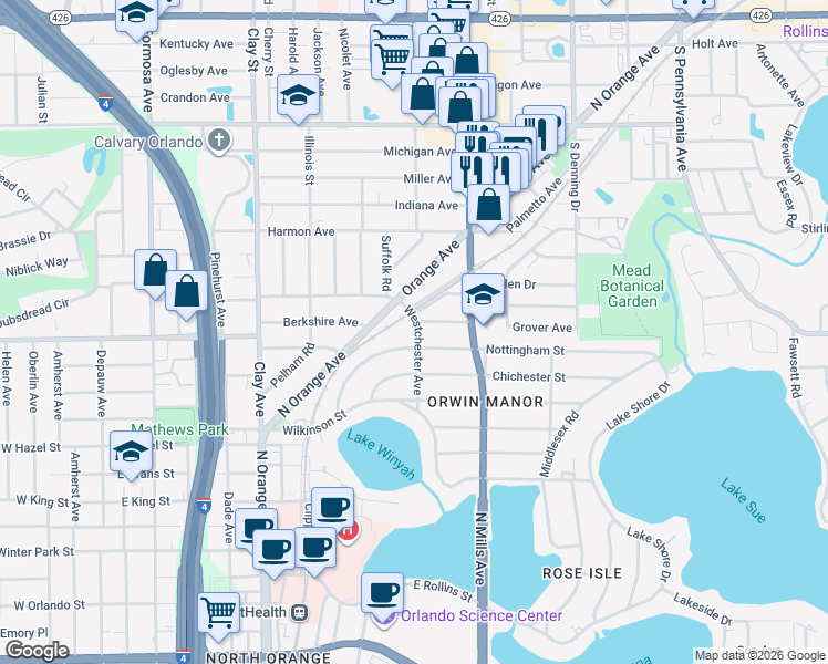 map of restaurants, bars, coffee shops, grocery stores, and more near 1345 Westchester Avenue in Winter Park