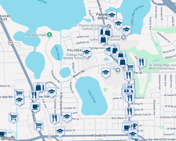 map of restaurants, bars, coffee shops, grocery stores, and more near in Orlando