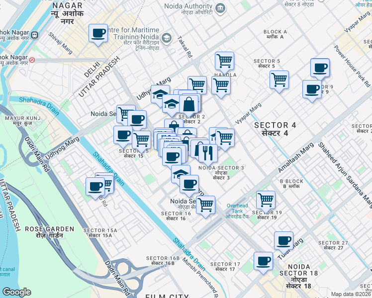 map of restaurants, bars, coffee shops, grocery stores, and more near in Noida