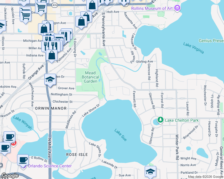 map of restaurants, bars, coffee shops, grocery stores, and more near 1728 Barcelona Way in Winter Park