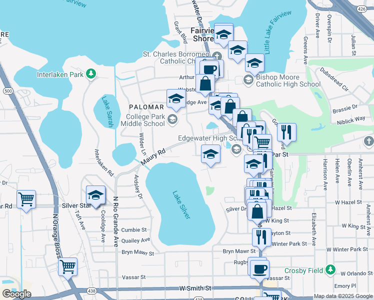 map of restaurants, bars, coffee shops, grocery stores, and more near 1110 Maury Road in Orlando