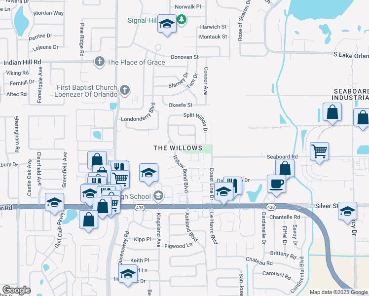 map of restaurants, bars, coffee shops, grocery stores, and more near 3025 Willow Bend Boulevard in Orlando