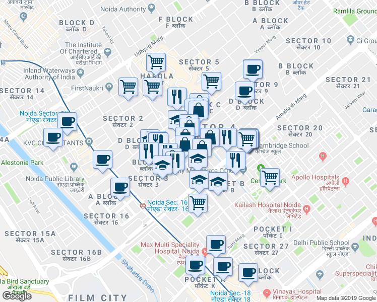 map of restaurants, bars, coffee shops, grocery stores, and more near in Noida