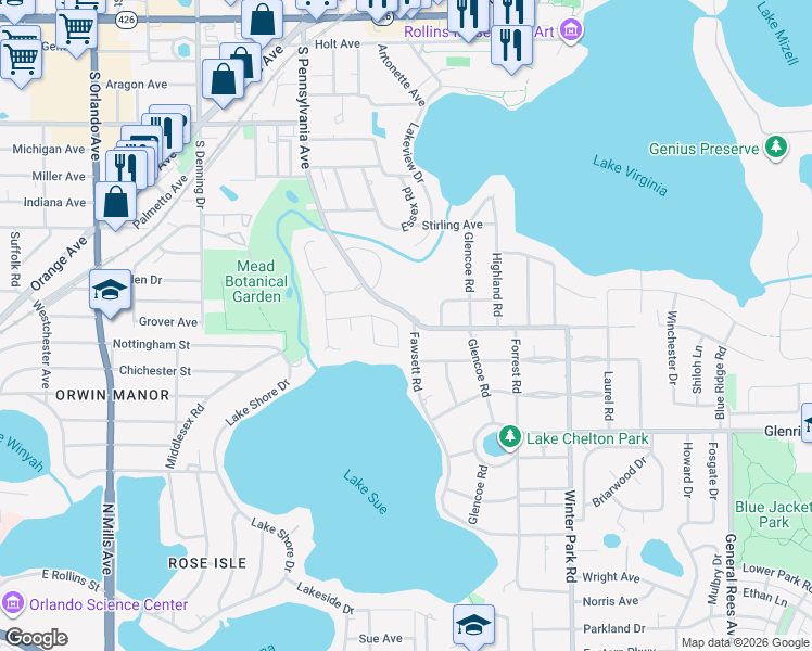 map of restaurants, bars, coffee shops, grocery stores, and more near 227 Salvador Square in Winter Park