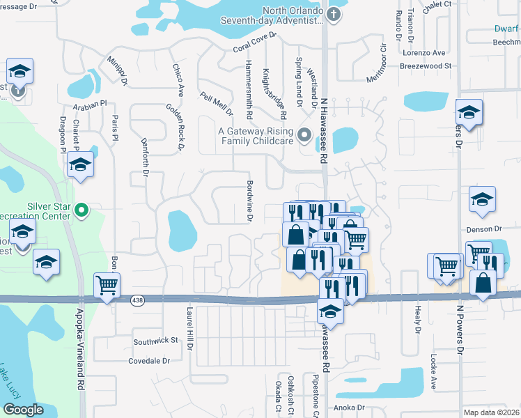 map of restaurants, bars, coffee shops, grocery stores, and more near 7106 Hickory Branch Circle in Orlando