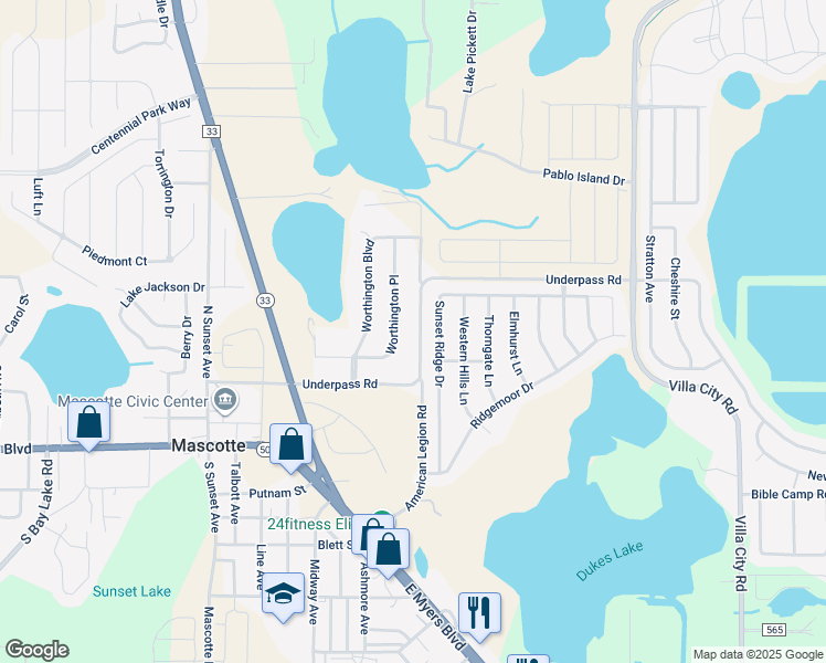 map of restaurants, bars, coffee shops, grocery stores, and more near 4243 Underpass Road in Mascotte