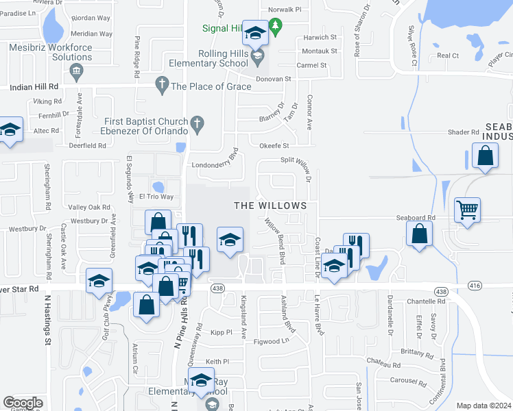 map of restaurants, bars, coffee shops, grocery stores, and more near 4814 Red Willow Avenue in Orlando