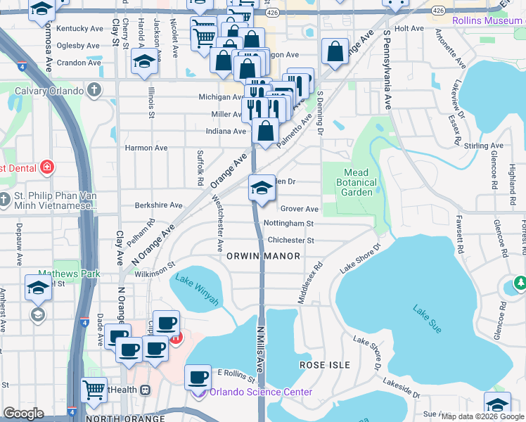 map of restaurants, bars, coffee shops, grocery stores, and more near 1600 Orlando Avenue in Winter Park