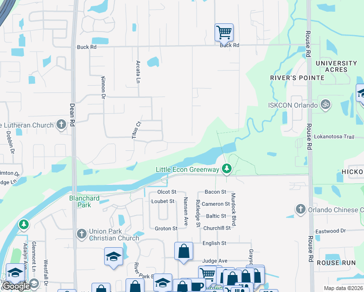 map of restaurants, bars, coffee shops, grocery stores, and more near 10450 Riva Ridge Trail in Orlando