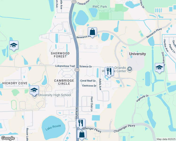 map of restaurants, bars, coffee shops, grocery stores, and more near 3074 Southern Pine Trail in Orlando