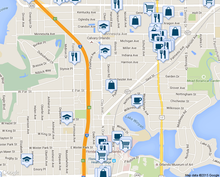 map of restaurants, bars, coffee shops, grocery stores, and more near 1640 Berkshire Avenue in Winter Park