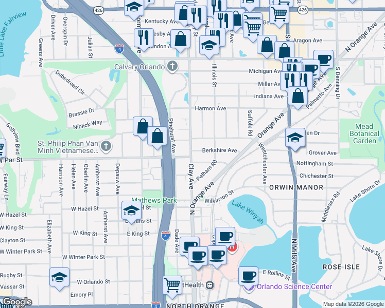 map of restaurants, bars, coffee shops, grocery stores, and more near 325 East Par Street in Orlando