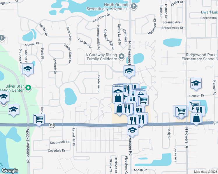 map of restaurants, bars, coffee shops, grocery stores, and more near 7256 Hickory Branch Circle in Orlando