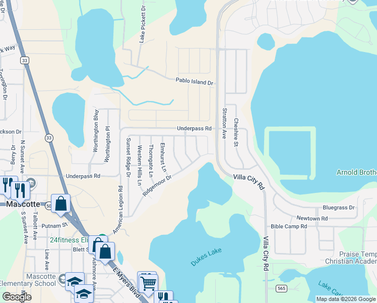 map of restaurants, bars, coffee shops, grocery stores, and more near 2210 Olympia Fields Street in Mascotte