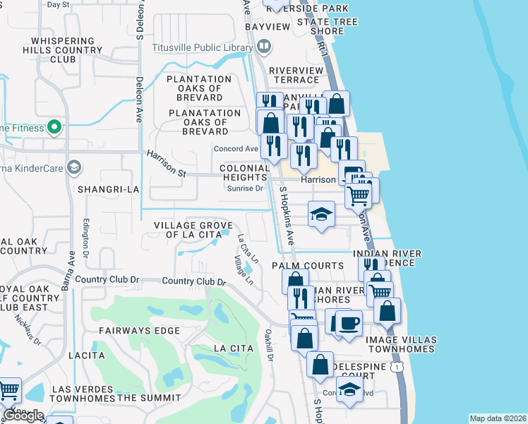 map of restaurants, bars, coffee shops, grocery stores, and more near 3065 Sir Hamilton Circle in Titusville