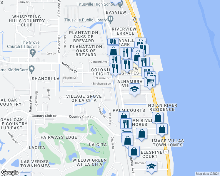 map of restaurants, bars, coffee shops, grocery stores, and more near 3141 Sir Hamilton Circle in Titusville