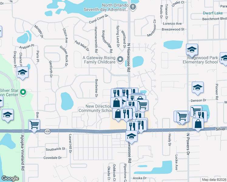 map of restaurants, bars, coffee shops, grocery stores, and more near 7256 Hickory Branch Circle in Orlando