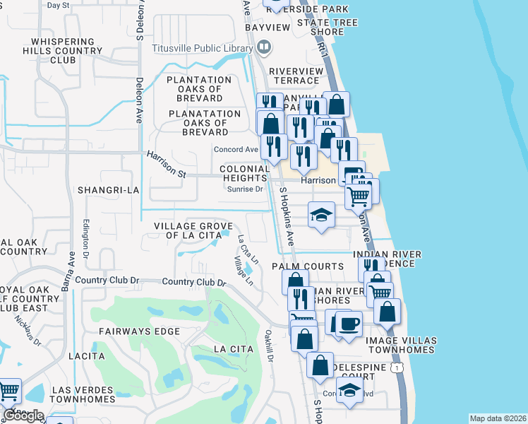 map of restaurants, bars, coffee shops, grocery stores, and more near 3057 Sir Hamilton Circle in Titusville