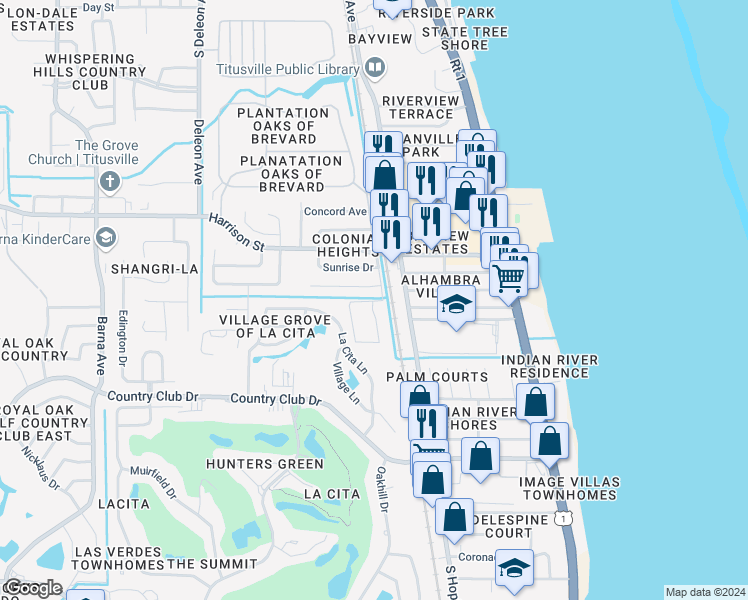 map of restaurants, bars, coffee shops, grocery stores, and more near 3151 Sir Hamilton Circle in Titusville