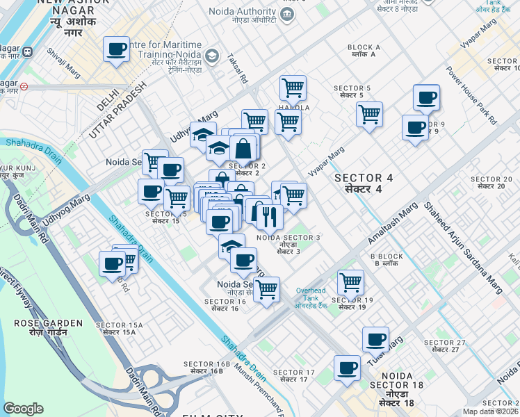 map of restaurants, bars, coffee shops, grocery stores, and more near in Noida