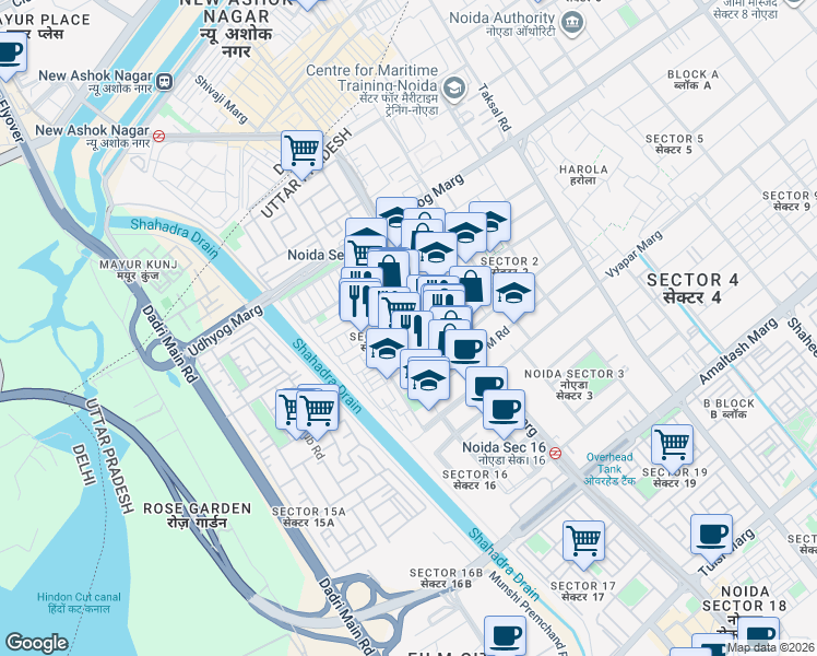 map of restaurants, bars, coffee shops, grocery stores, and more near in Noida