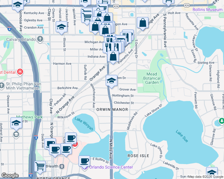 map of restaurants, bars, coffee shops, grocery stores, and more near 1600 Orlando Avenue in Winter Park