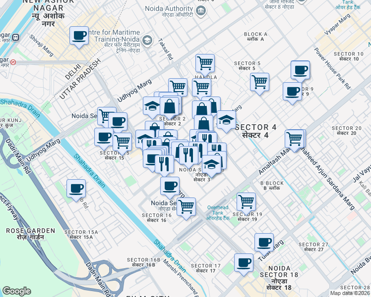 map of restaurants, bars, coffee shops, grocery stores, and more near in Noida