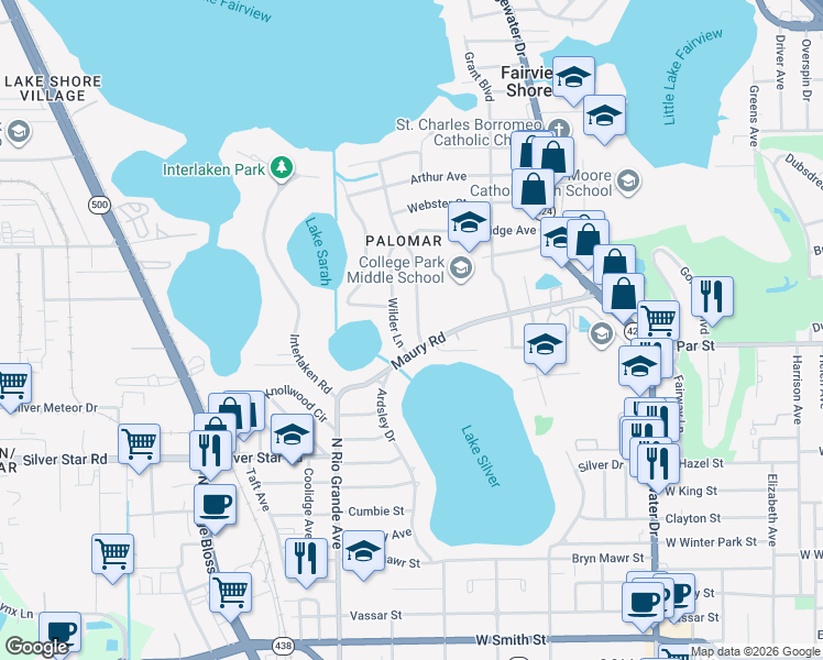 map of restaurants, bars, coffee shops, grocery stores, and more near 3416 Neptune Drive in Orlando