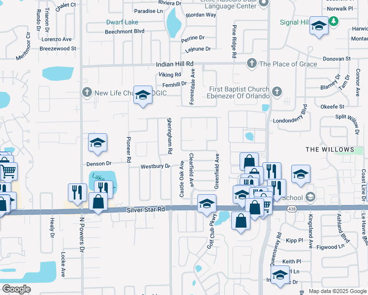 map of restaurants, bars, coffee shops, grocery stores, and more near 5627 Valley Oak Road in Orlando