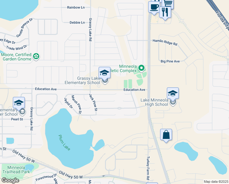 map of restaurants, bars, coffee shops, grocery stores, and more near 1230 Jayhil Drive in Clermont