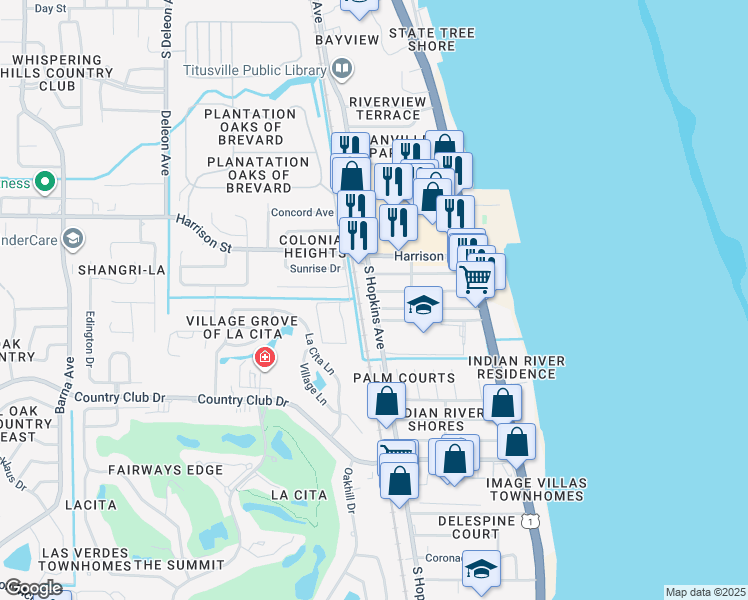 map of restaurants, bars, coffee shops, grocery stores, and more near 2901 South Hopkins Avenue in Titusville