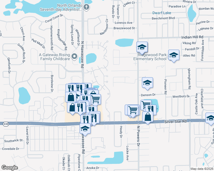map of restaurants, bars, coffee shops, grocery stores, and more near 2685 Environs Boulevard in Pine Hills