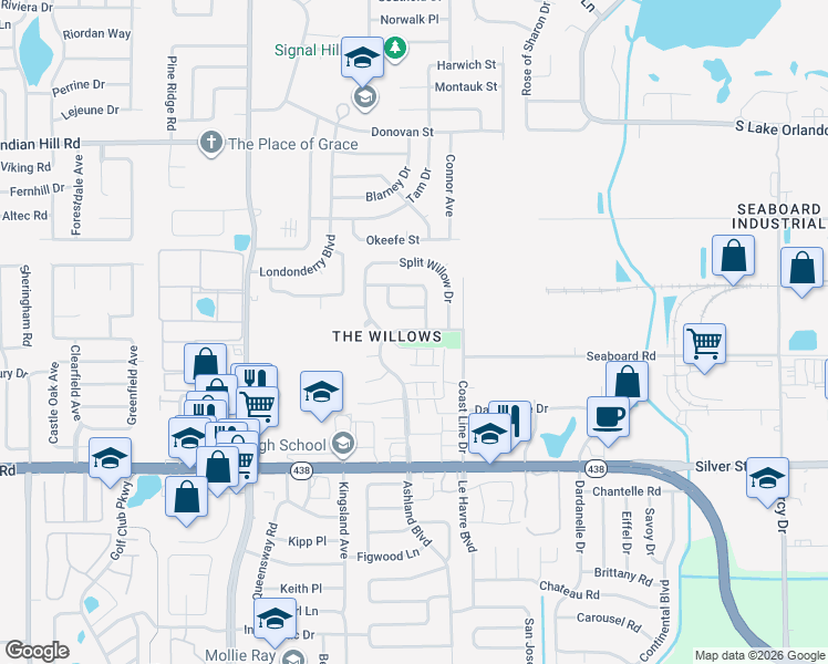 map of restaurants, bars, coffee shops, grocery stores, and more near 3025 Willow Bend Boulevard in Orlando