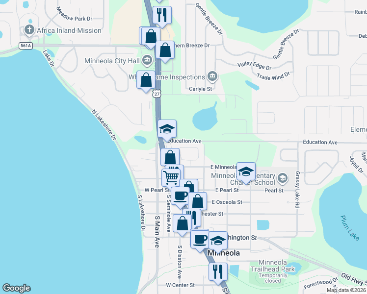 map of restaurants, bars, coffee shops, grocery stores, and more near 217 Ridge Crest Loop in Minneola