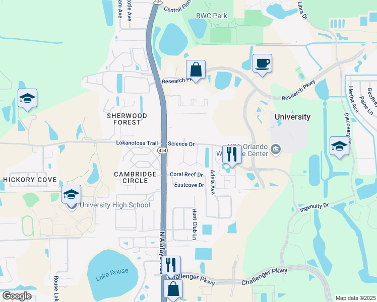 map of restaurants, bars, coffee shops, grocery stores, and more near 3061 Southern Pine Trail in Orlando