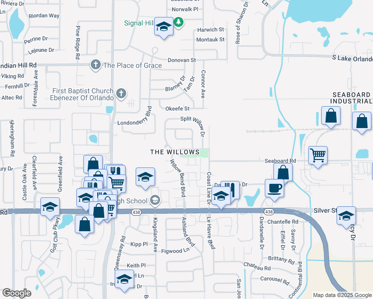 map of restaurants, bars, coffee shops, grocery stores, and more near 3025 Willow Bend Boulevard in Orlando