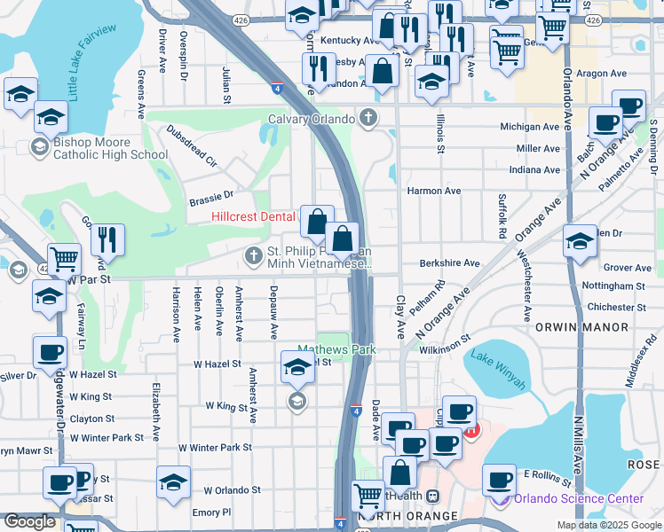 map of restaurants, bars, coffee shops, grocery stores, and more near 1609 Pinewood Drive in Winter Park