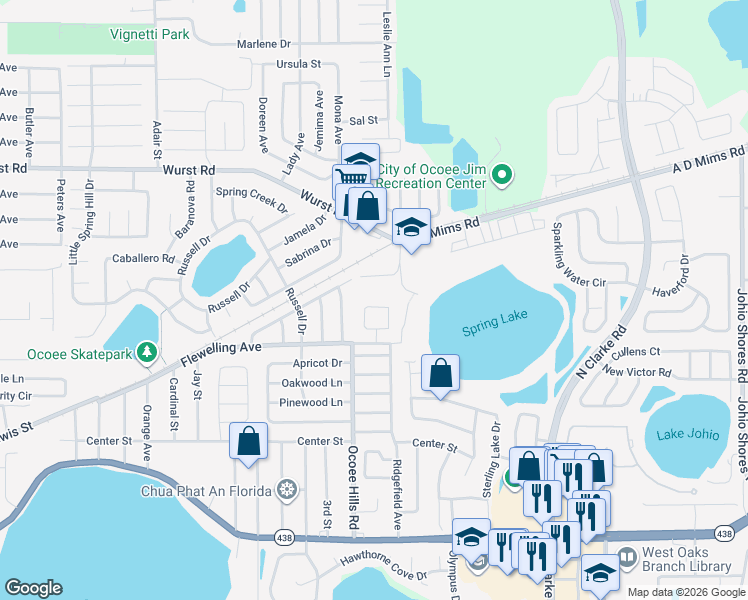 map of restaurants, bars, coffee shops, grocery stores, and more near 721 Lakeview Drive in Ocoee