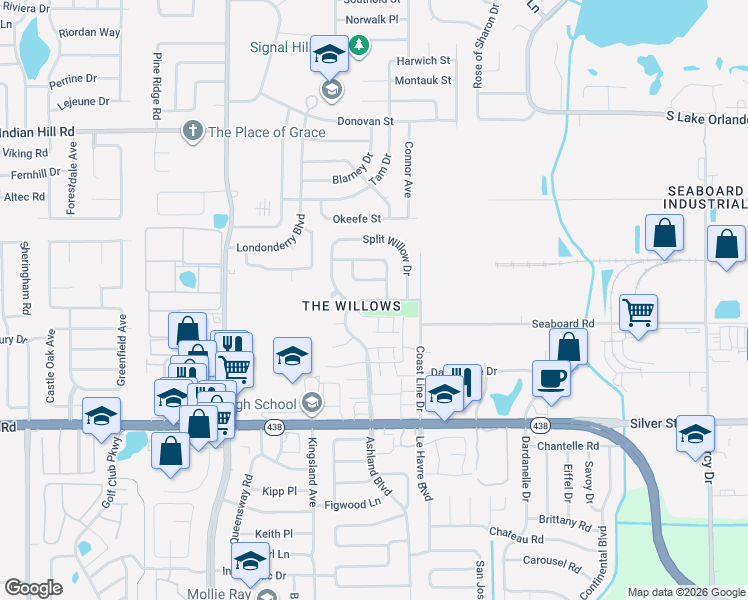 map of restaurants, bars, coffee shops, grocery stores, and more near 3025 Willow Bend Boulevard in Orlando