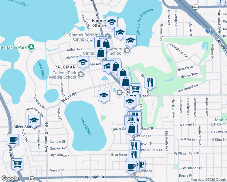 map of restaurants, bars, coffee shops, grocery stores, and more near 850 Maury Road in Orlando