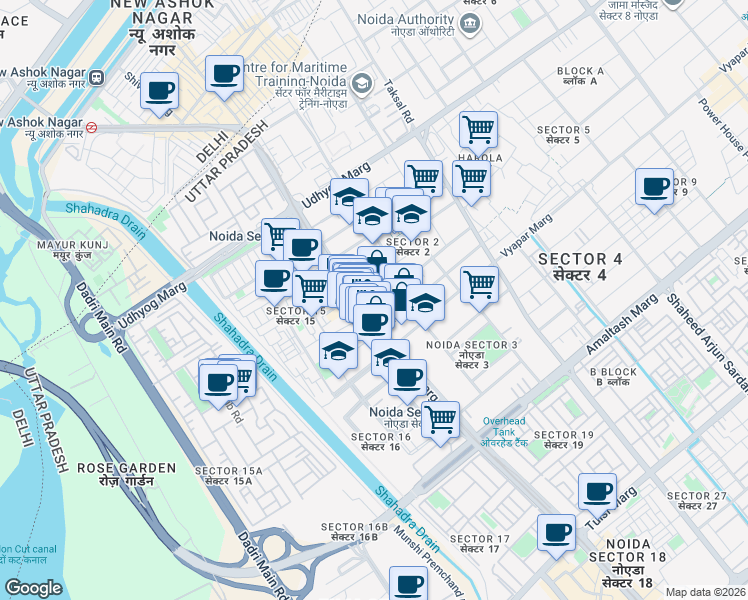 map of restaurants, bars, coffee shops, grocery stores, and more near in Noida