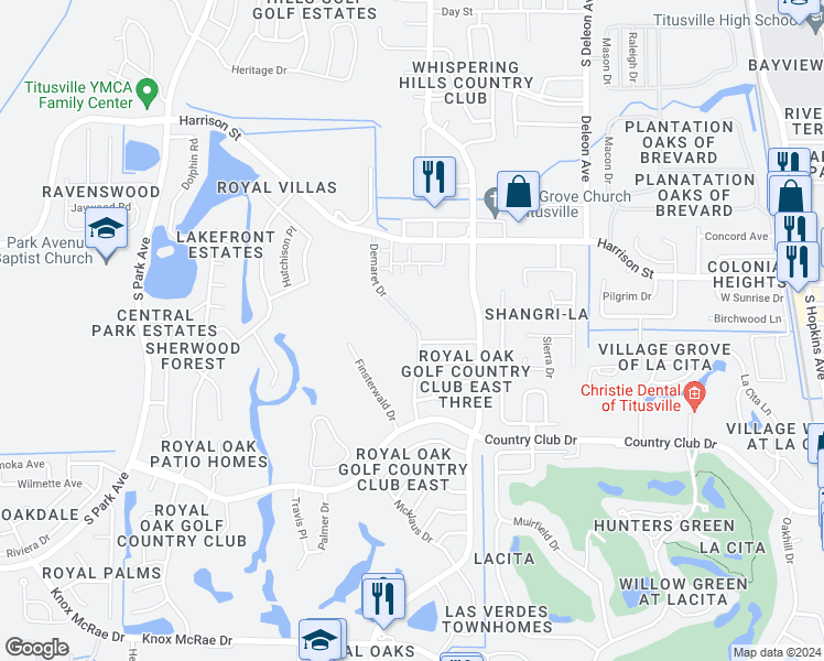 map of restaurants, bars, coffee shops, grocery stores, and more near 2898 Demaret Drive in Titusville