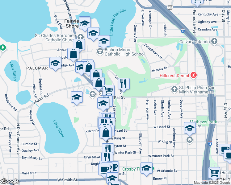 map of restaurants, bars, coffee shops, grocery stores, and more near 3411 Pinetree Road in Orlando